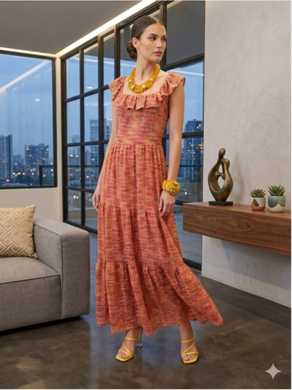 Eliza J Maxi Dress Size 8 Pink Yellow Chevron Metallic Smocked Ruffle Boho Long
